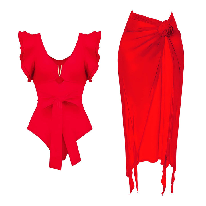 Helene One-Piece Swimsuit and Sarong Set VERITI Red S 